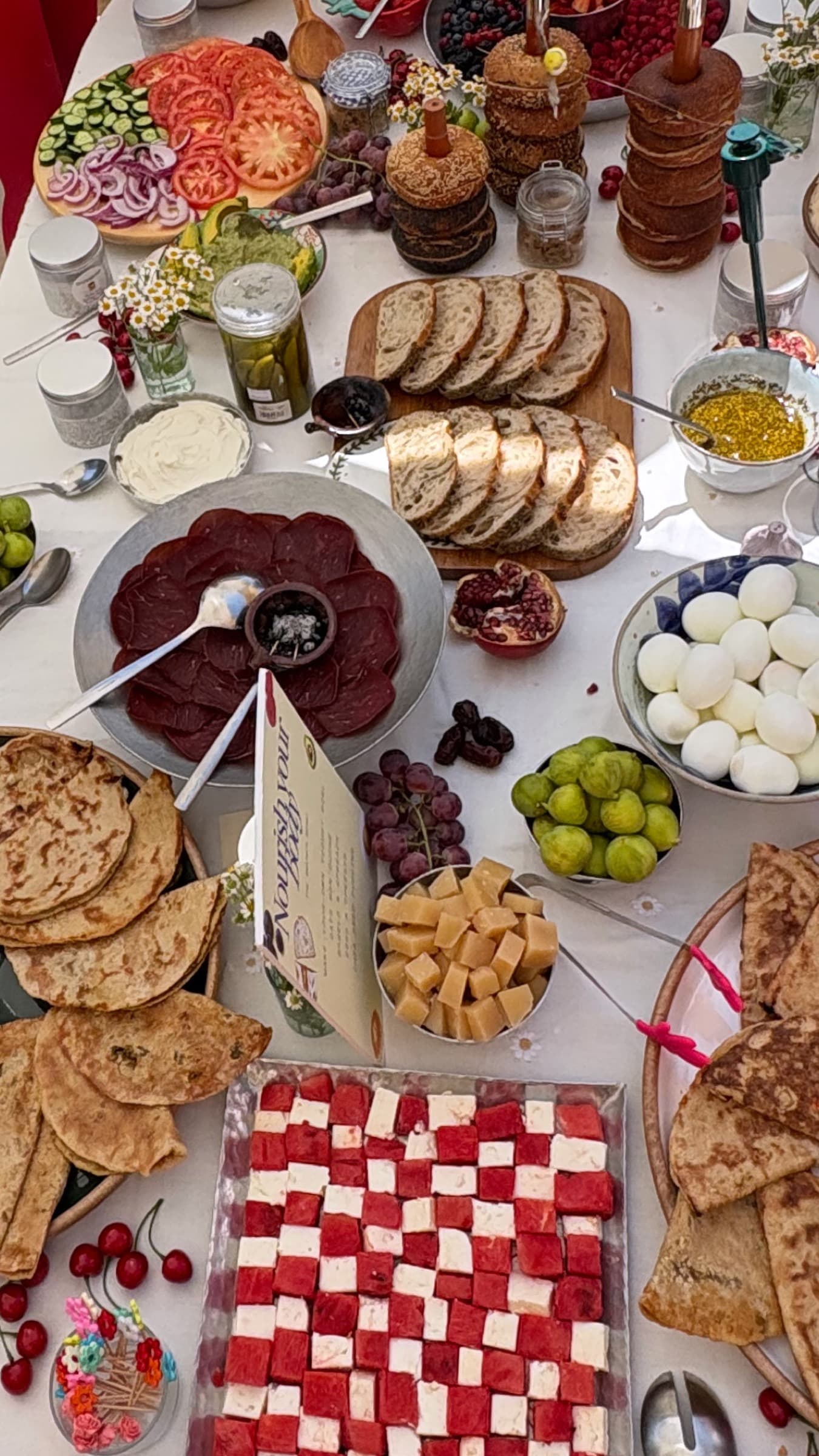 Brunch table from above with basterma, watermelon and feta, figs and sourdough