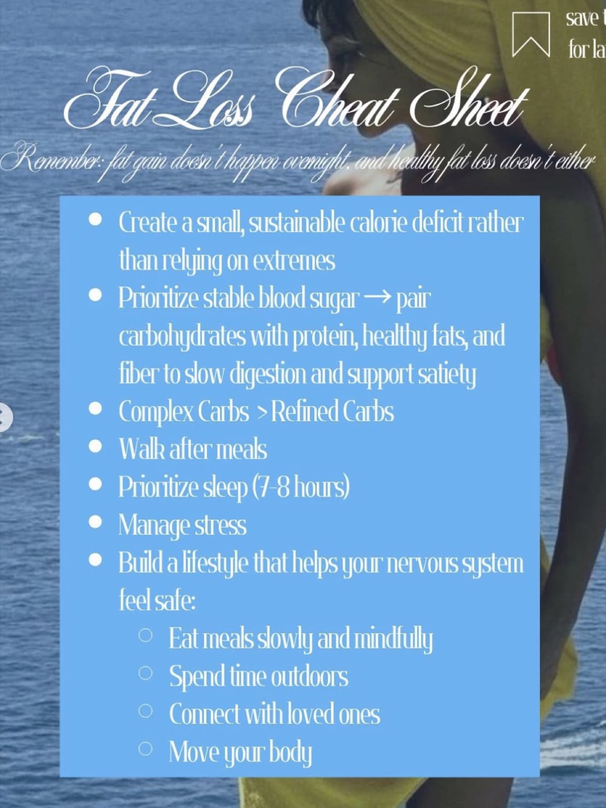 A woman in a mustard headscarf by the sea, a pale blue checklist overlaid