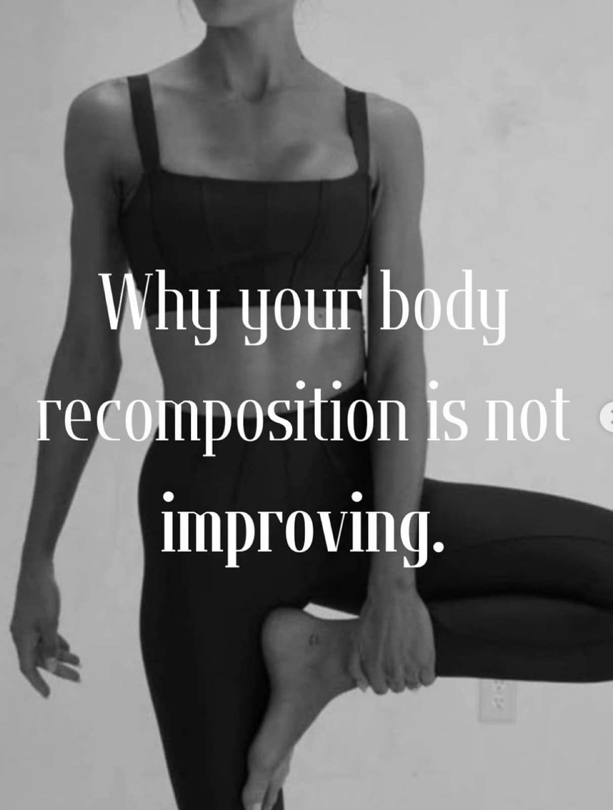 Black and white photo of a woman in workout wear balancing in a standing stretch