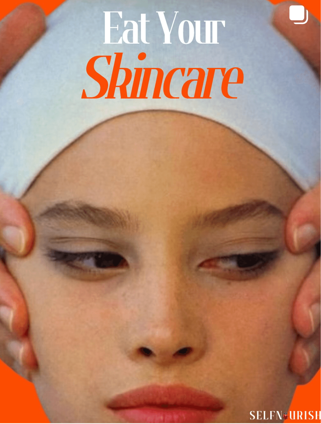 Close-up of a face in a white swim cap, hands framing the cheeks