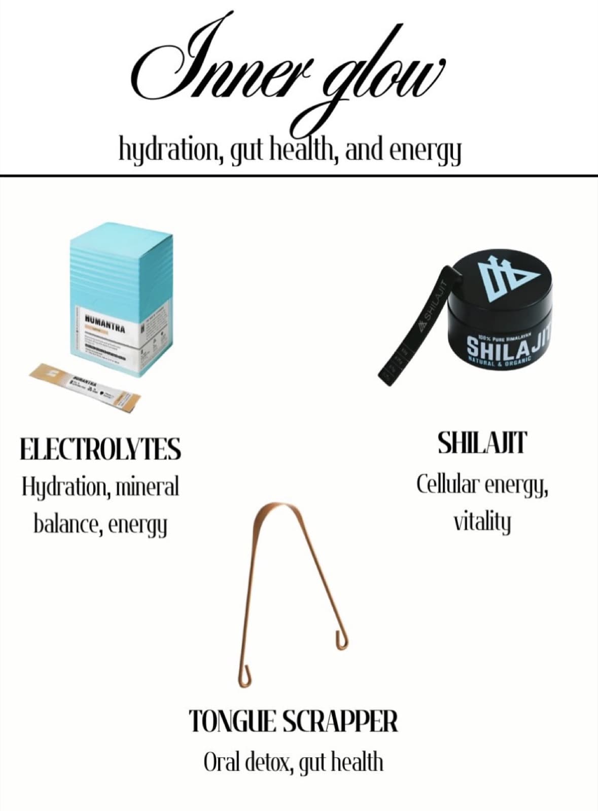 An electrolyte box, a shilajit jar and a copper tongue scraper on white