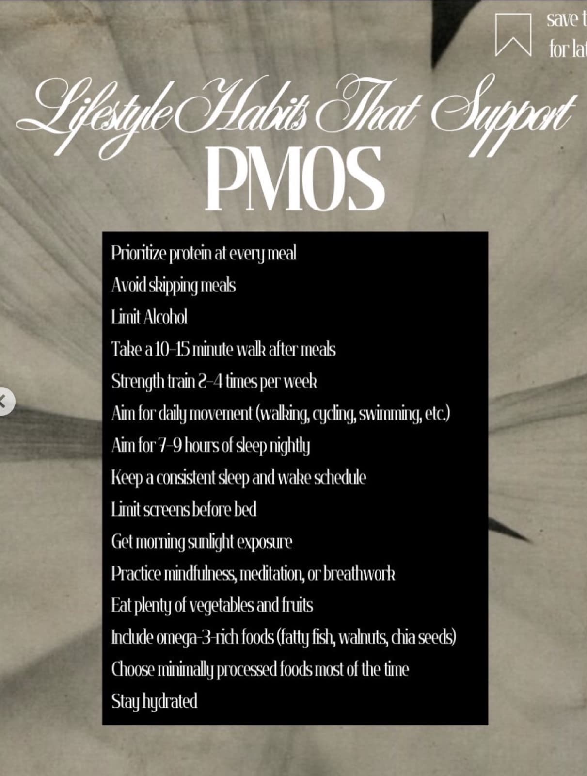 Dried palm-frond texture in muted grey and beige tones, a black checklist panel overlaid