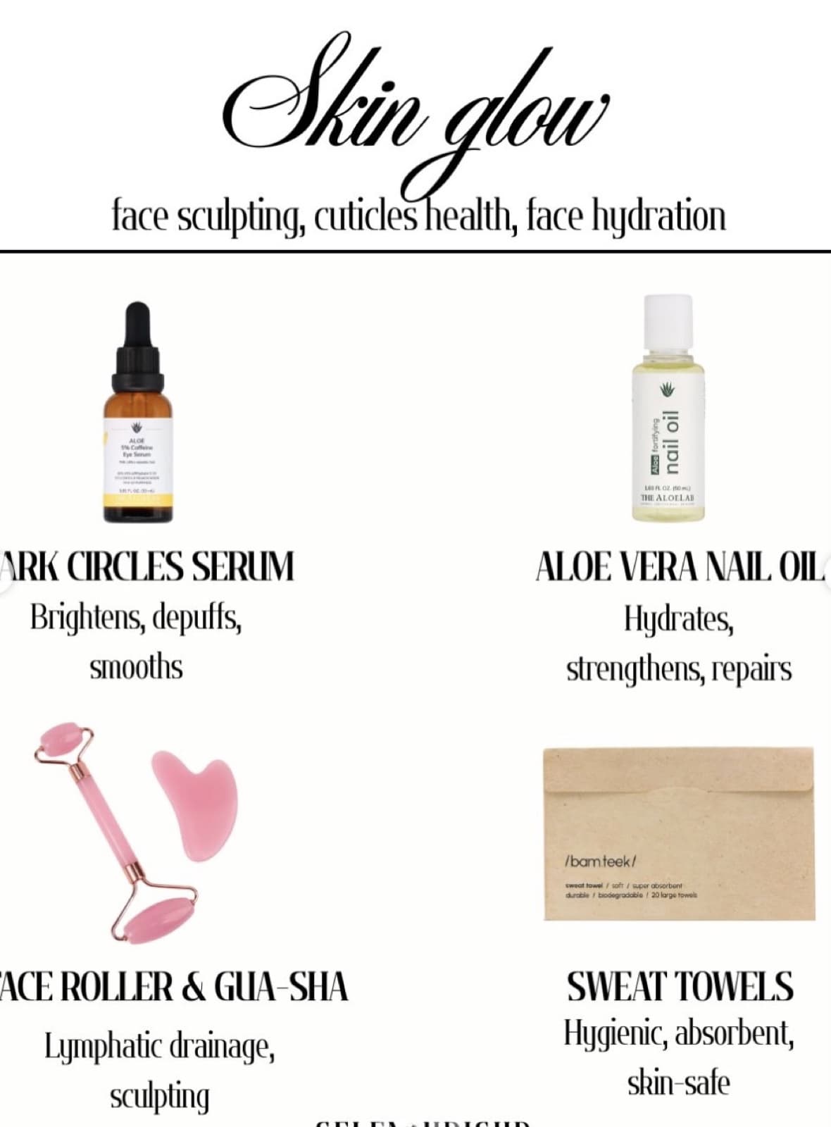 A dark circles serum, nail oil, rose quartz roller and gua sha on white